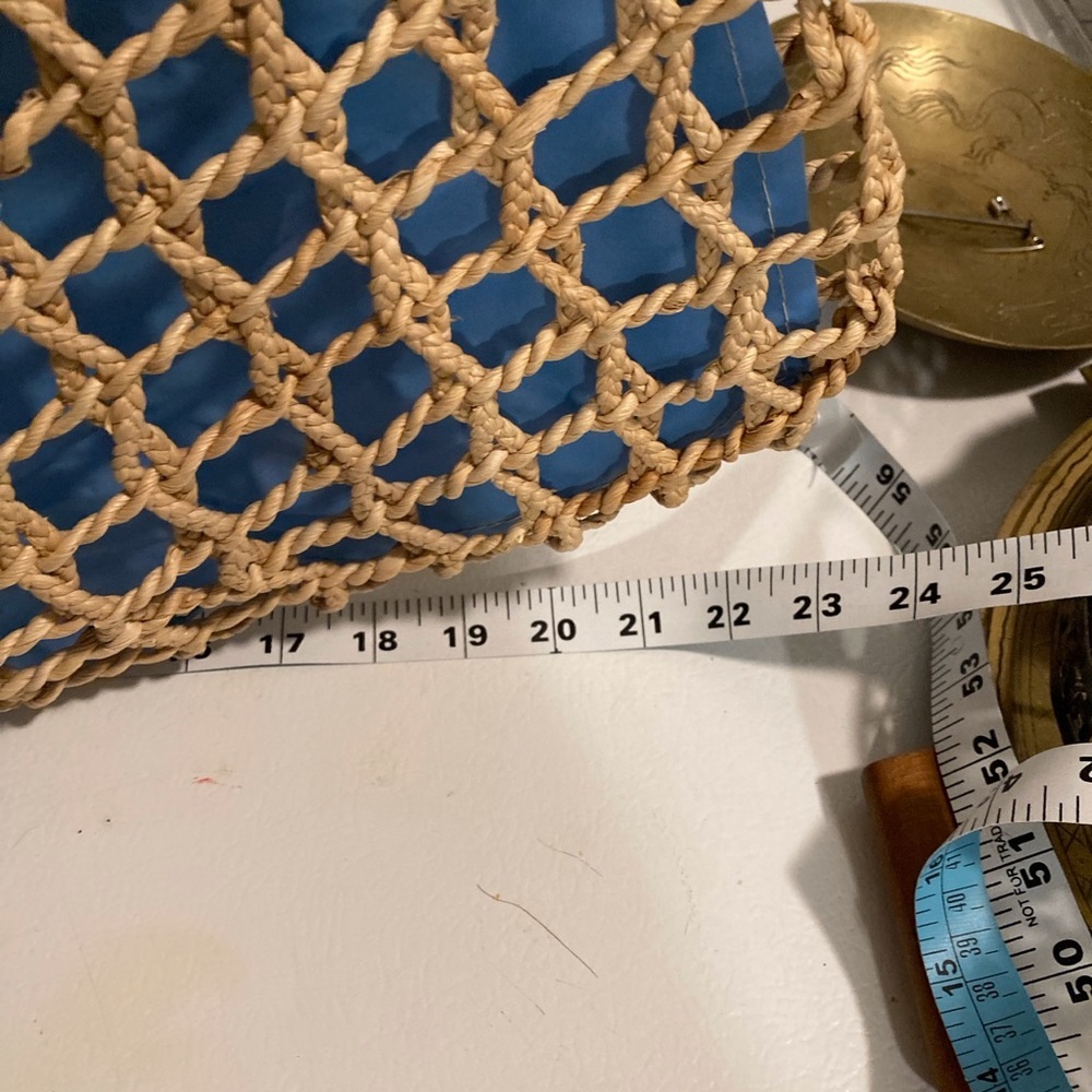 Boho Woven Purse Shopping Tote Lined With Blue Plastic Beach Tote Macrame Look - Picture 14 of 16